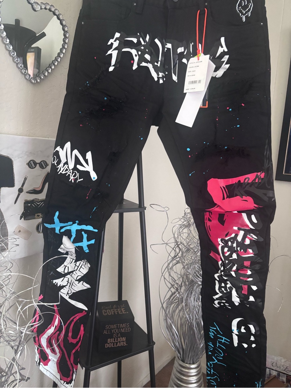 Men's Slim Straight Black Graffiti Print Jeans